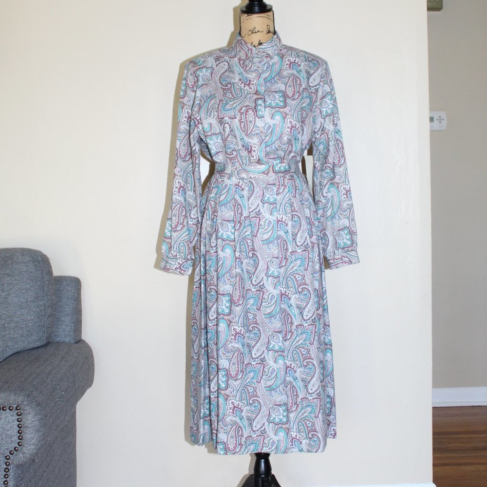 Vintage NWT Pykettes Blue Tan Pink Paisley 2 Piece Skirt Blouse Women's M